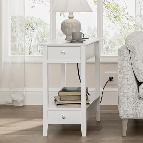 Treocho End Tables Living Room Set of 2 with Charging Station and 2 Drawers | Narrow Side Table with Ample Storage, Sofa Bedside Table for Small Spaces, Living Room, Bedroom, White - color: White