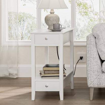 Treocho End Tables Living Room Set of 2 with Charging Station and 2 Drawers | Narrow Side Table with Ample Storage, Sofa Bedside Table for Small Spaces, Living Room, Bedroom, White - color: White