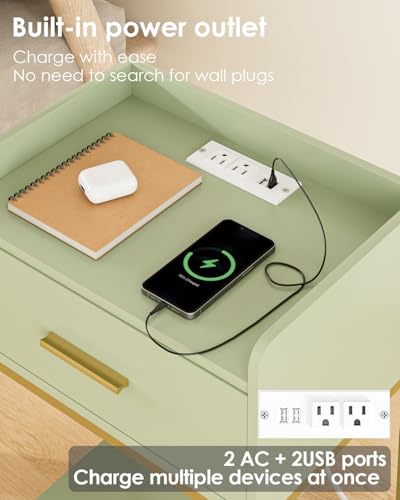 Nightstand with Charging Station,3-Tier Modern Bedside Table Night Stand with Storage Drawer and Open Shelf,Small End Side Table for Bedroom,Living Room,Green - color: Green With Charging Station