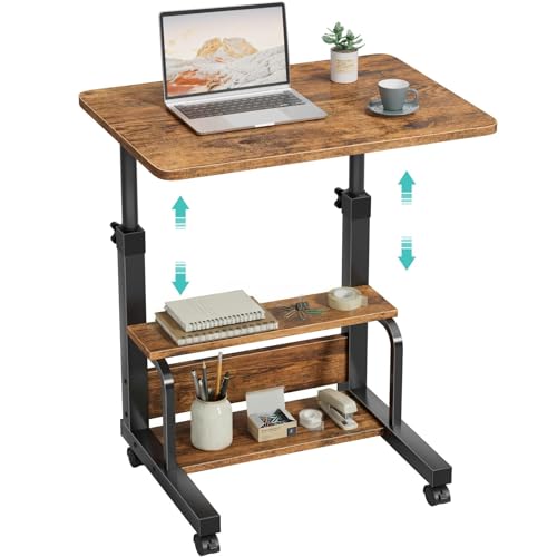 WINAZ C Shaped Rolling Laptop Desk - 24" Rustic Brown Mobile Desk with Wheels for Small Spaces, Height Adjustable Overbed Table with 2-Tier Storage Shelves - color: Rustic Brown, size: 23.6"