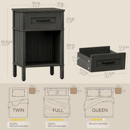 Farmhouse Nightstands with Drawer, Small Wooden Side Table, Modern Bedroom Night Stand, Wood Night Table, Grey Bedside Table with Storage, End Table for Living Room LET512GW - color: Grey Wood
