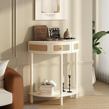 Wnutrees Rattan Half Moon Console Table, Modern Entryway Table with Drawer, Boho Sofa Table with Bottom Storage Shelf, Small Semicircular Tables for Hallway, Living Room, White - color: White
