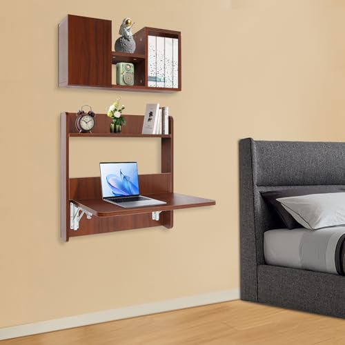 Wall Mounted Bookshelf with Moveable Cabinets, Multifunctional Folding Floating Desk, Fold Down Laptop Table with Storage Shelves for Bedroom Study Room Space Saving Small Space Garage (Walnut) - color: Walnut