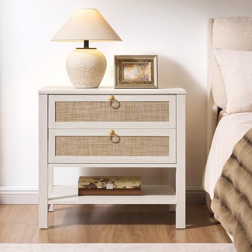 SICOTAS White Rattan Nightstand, Wide Bedside Table with 2 Drawers & Shelf | Large Night Stand with Storage Shelf, Coastal Boho Bedside Table for King Bed, Bedroom, Guest Room, Apartment, and End Table - color: White Cream Oak