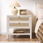 SICOTAS White Rattan Nightstand, Wide Bedside Table with 2 Drawers & Shelf | Large Night Stand with Storage Shelf, Coastal Boho Bedside Table for King Bed, Bedroom, Guest Room, Apartment, and End Table - color: White Cream Oak