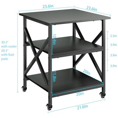 3 Tier Printer Stand, Large Table with Wheels, Rolling Cart with Height Adjustable Middle Storage Shelf, 23.6 x 23.6 x 30.3 Inches Shelf for Home Office, Black - color: Black