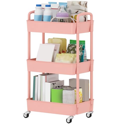 Sywhitta 3-Tier Plastic Rolling Utility Cart with Handle, Multi-Functional Storage Trolley for Office, Living Room, Kitchen, Movable Storage Organizer with Wheels, Pink | Multi-Functional Storage Trolley, for Office, Living Room, Kitchen, Bathroom,Movable