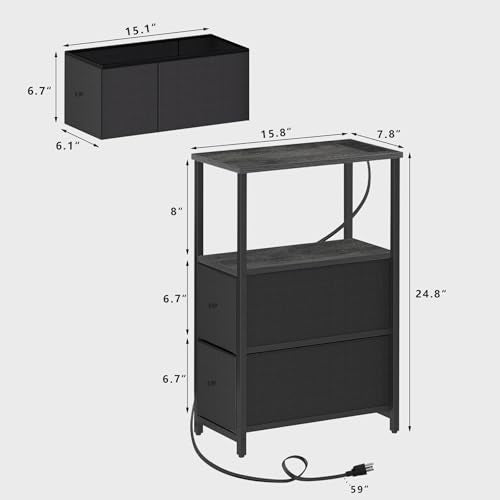 TUTOTAK Small Narrow LED End Table with Charging Station, Side Table Outlets, Nightstand with 2 Cloth Drawers, Set of 2, Couch Table, for Living Room, Bedroom, Bedside, Charcoal Grey TB01BY056 - color: Charcoal Grey, style: 2 Drawers with Plug & Light
