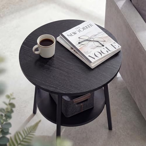 Small Round Side Table, End Tables Living Room, Black | 2-Tier Side Table with Storage Shelf for Small Spaces, Bedside Accent Table for Living Room, Bedroom, Metal Frame & Wood Top - color: Black Ash