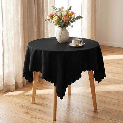 Black Square Tablecloth, 36 x 36 inch Scalloped Fabric Small Table Cloth, Dust Resistant Washable Polyester Square Table Topper Cover for Nightstand End Bedside Small Dining Coffee Tables Top - color: Black, size: 36" x 36" (Square)