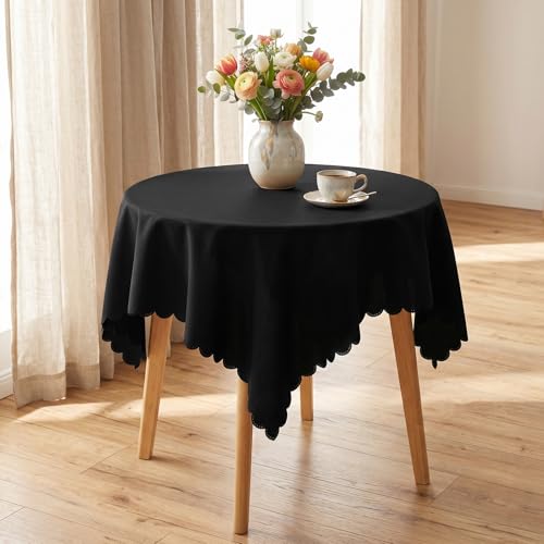 Black Square Tablecloth, 36 x 36 inch Scalloped Fabric Small Table Cloth, Dust Resistant Washable Polyester Square Table Topper Cover for Nightstand End Bedside Small Dining Coffee Tables Top - color: Black, size: 36" x 36" (Square)