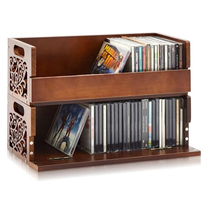CroBlissful 2 Set Wooden Cd Holder, Stackable Cd Storage Rack with Handles, Magnetic Front-opening Design, Compact Media Organizer for Home Office & Living Room, Each Set Holds up to 36 Cases (Brown)