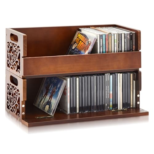 CroBlissful 2 Set Wooden Cd Holder, Stackable Cd Storage Rack with Handles, Magnetic Front-opening Design, Compact Media Organizer for Home Office & Living Room, Each Set Holds up to 36 Cases (Brown)