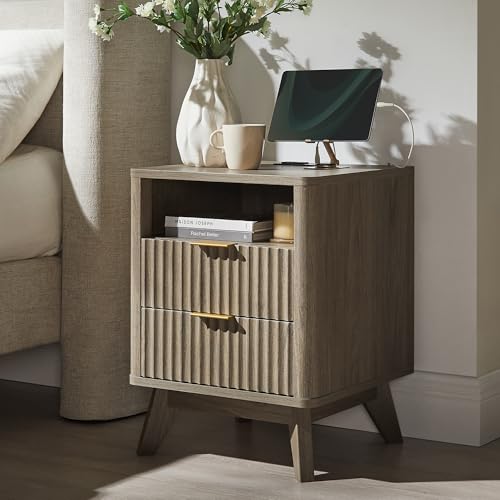 T4TREAM Fluted Nightstand with Charging Station, 18" Modern Side Table with 2 Drawers, End Table w/Storage, Bedside for Bedroom, Living Room, Curved Profile Design, Grey Alder - color: Grey Alder