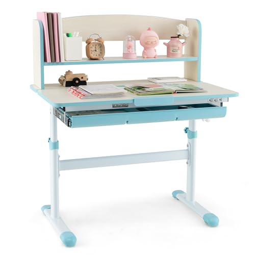 Costzon Kids Desk, Height Adjustable Children Study Desk with Tilt Desktop, Storage Drawer, Hutch, Scale Ruler, Student Writing Table School Desk for Boys Girls Bedroom, Desk for Kids (Blue) - color: Blue, size: 31.5" x 20" x 32"-41"