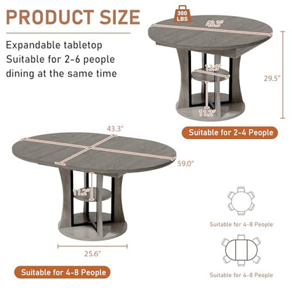 Extendable Round Dining Table for 4-6-8, 43.3-59in Expandable Kitchen Table with Storage Shelf, Space Saving Circle Oval Dining Table with Leaf for Kitchen, Dining Room, Gray - color: Grey
