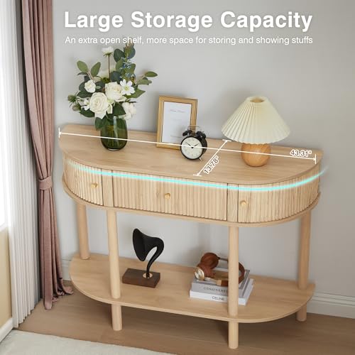XUZENEST 43.3“ Fluted Half Moon Console Table, Modern Entryway Console Sofa Table with Storage, Narrow Wood Accent Tables Behind Couch Tables for Living Room, Hallway, Foyer(Natural) - color: 43.3 Half Moon Natural