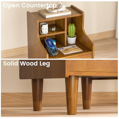 Solid Wood Nightstand with Drawers, Bookshelf Nightstand, Mid Century Modern Nightstands, Small Wood Night Stand with Open Shelf, Wooden End Side Table with Storage for Bedroom, Living Room (Walnut) - style: Bookshelf Nightstand