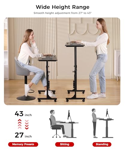 KLSMYHOKI Standing Desk Adjustable Height, Mobile Stand Up Desk with Wheels | Small Computer Desk Rolling Desk, Portable Laptop Desk Black Standing Table Home Office Desks 16"x31.5" Height 27"-43.5" - color: Black