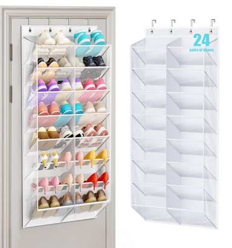 MISSLO 24 Pairs Over the Door Shoe Organizer Breathable Mesh Hanging Shoe Rack for Closet Storage with Wide Deep Pockets 8 Tier Shoes Holder Fit All the Family's Sneakers, Boots, Heels (White, 57.5") - color: White, size: 57.5"