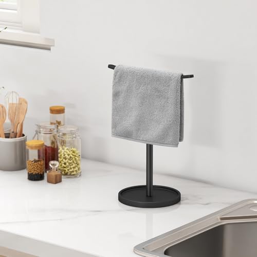 STWWO Hand Towel Holder, Stainless Steel Towel Holder Stand for Bathroom, Kitchen Countertop, T-Shaped Hand Towel Rack Stand, Black - color: Black