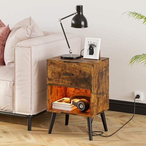 Aienvey Nightstand with Charging Station and LED Lights, Rustic Brown | Small Side Table, Bedside Table with Drawer, Modern Night Stand with Light/Power Strip, End Table for Bedroom, Living Room - color: Rustic Brown