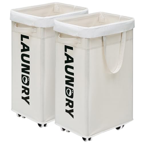 CHICVITA 75L Laundry Basket with Wheels & Handle 2-Pack, Wash Bags, White | Collapsible rolling laundry baskets for dorms and corners. Removable wash bags, easy-carry handles - color: White, size: 2-Pack 75L (15.7"L x 11.8"W x 24.8"H)
