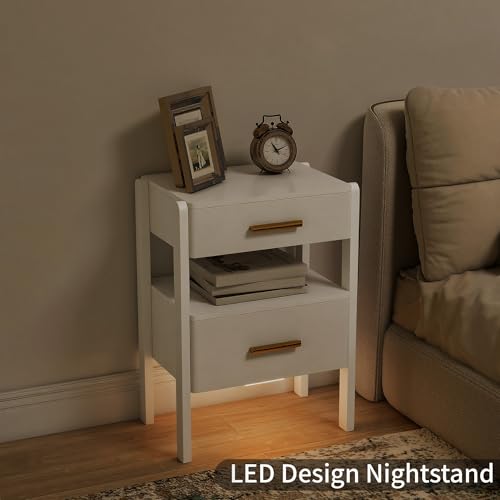 Nightstand with 2 Drawers and Open Shelf Wooden Bedside Table Gold Handles Modern Storage Night Stand Sensor Light for Bedroom, White - color: White