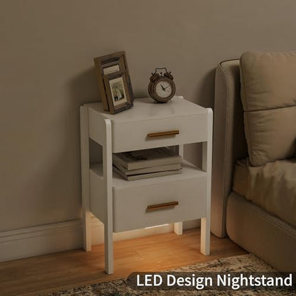 Nightstand with 2 Drawers and Open Shelf Wooden Bedside Table Gold Handles Modern Storage Night Stand Sensor Light for Bedroom, White - color: White