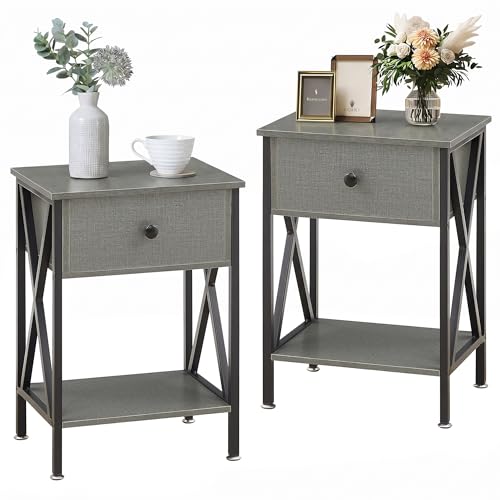 VECELO Nightstands Set of 2, Modern Bedside End Tables, Night Stands with Drawer and Storage Shelf for Living Room Bedroom, Industrial Metal Frame - color: Dark Gray, size: Set of 2 - 15.8"W x 11.8"D x 21.7"H