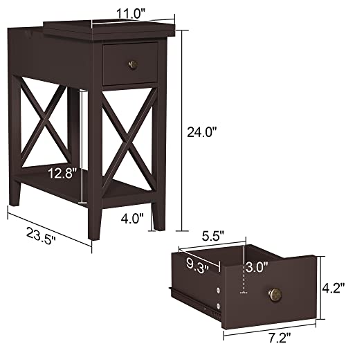 ChooChoo End Table, Flip Top Narrow End Table with Drawer | Narrow Side Table with Flip Top, Accent Small Side Table Nightstand for Living Room, Bedroom, and Small Spaces, Espresso - color: Espresso, size: 1 Pack, style: Without Power