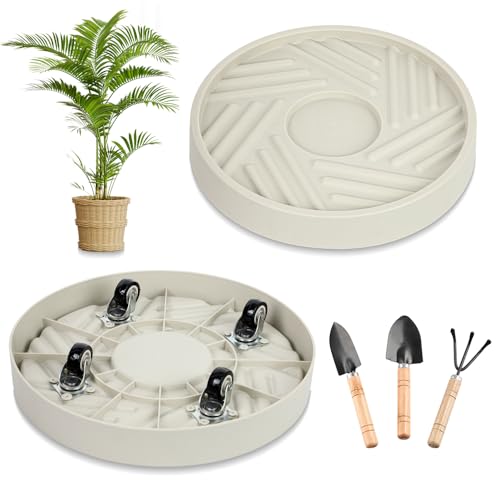 Plant Caddy with Hidden Wheels 11 Inch Heavy Duty Rolling Plant Stand, Indoor Outdoor Plant Saucer Tray with $9.9 Garden Tools (Beige) - size: 11.22 Inches (Beige)