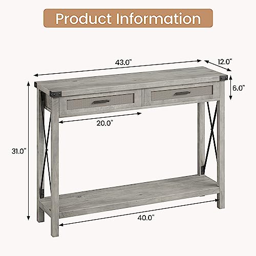 IDEALHOUSE Farmhouse Entryway Table, Grey Console Table with Rattan Drawers, 43" Sofa Table with Storage, Console Tables for Entryway, Living Room, Hallway, Foyer-Grey