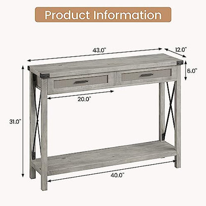 IDEALHOUSE Farmhouse Entryway Table, Grey Console Table with Rattan Drawers, 43" Sofa Table with Storage, Console Tables for Entryway, Living Room, Hallway, Foyer-Grey