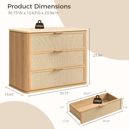 Night Stand, 30.71" W Rattan Nightstand with 3 Drawers, Faux Marble Top Bedside Table, Boho Mid Century End Table for Bedroom Living Room Sofa Office, Natural Oak [FSC Certified] - color: Natural Oak, size: 15.63"D x 30.71"W x 23.94"H（3 Drawer）