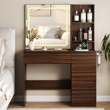 Makeup Vanity Desk with Lights, Fluted Vanity with 4 Drawers, Open Shelves, Power Outlet, LED Lighted Mirror, 3 Lighting Modes & Brightness Adjustable, Wood Dressing Table for Bedroom,Walnut - color: Walnut