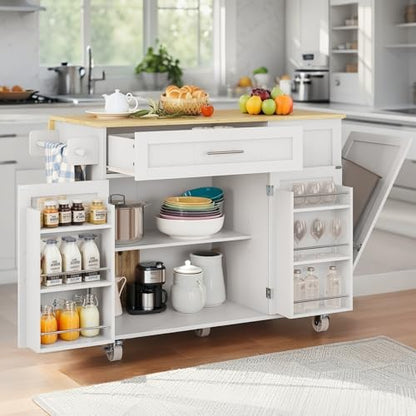 Kitchen Island with Storage, Island Table for Kitchen with Widen Drop Leaf Rubberwood Top, Trash Can Storage and Towel Bar, Rolling Kitchen Island Cart on Wheels for Indoor Outdoor, White