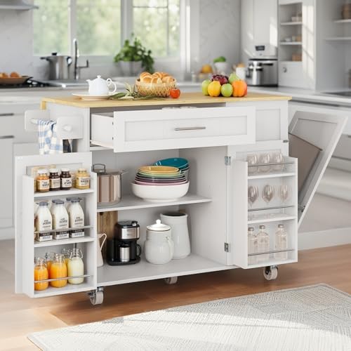 Kitchen Island with Storage, Island Table for Kitchen with Widen Drop Leaf Rubberwood Top, Trash Can Storage and Towel Bar, Rolling Kitchen Island Cart on Wheels for Indoor Outdoor, White