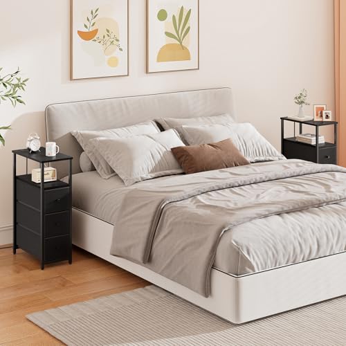 TUTOTAK Narrow Night Stand with Charging Station, Slim End Table | Tall Side Table with 3 Fabric Drawer, Small Bedside Table with Storage, Living Room, Bedroom, Black TB01BK086 - color: Black, size: 1 Pack (3 Drawers), style: With Plug