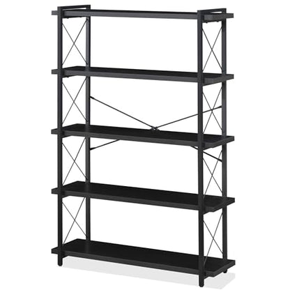 HCHQHS Bookshelf, 5-Tier Industrial Bookcase, Black Open Book Shelf, Freestanding Tall Bookshelves with Metal Frame - color: Ebony Black, size: 5-Tier (35.8"W x 65.7"H)