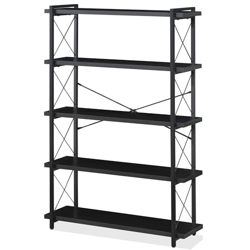 HCHQHS Bookshelf, 5-Tier Industrial Bookcase, Black Open Book Shelf, Freestanding Tall Bookshelves with Metal Frame - color: Ebony Black, size: 5-Tier (35.8"W x 65.7"H)