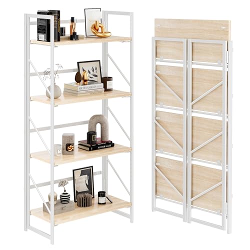JSB No Assembly Folding Bookshelf, 4 Tier Industrial Metal Book Shelf for Storage, Vintage Wood Foldable Bookcase for Living Room, Bedroom, Office Organization Shelves - color: White, size: Flat Tube 4-Tier