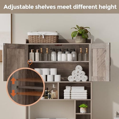 Homhedy Wooden Over The Toilet Storage Cabinet with Barn Door | Freestanding Bathroom Storage, Toilet Paper Holder, Adjustable Shelf,Space-Saving, Farmhouse Style, Greige - color: Greige