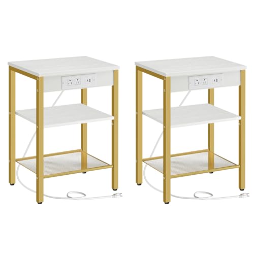 HOOBRO Side Tables Set of 2 with Charging Station and USB Port, Small End Tables for Small Space, 3-Tier Nightstands with Adjustable Shelf, for Living Room, Bedroom, White and Gold DW112BZP201G1 - color: White + Gold