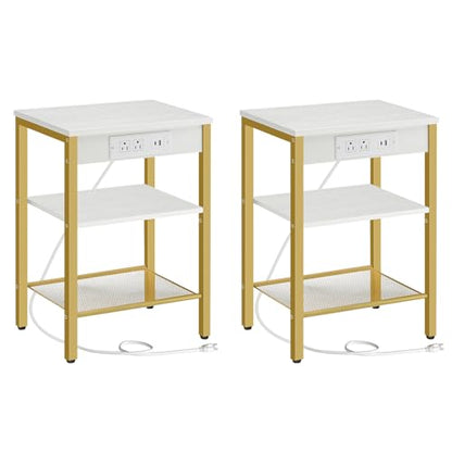 HOOBRO Side Tables Set of 2 with Charging Station and USB Port, Small End Tables for Small Space, 3-Tier Nightstands with Adjustable Shelf, for Living Room, Bedroom, White and Gold DW112BZP201G1 - color: White + Gold