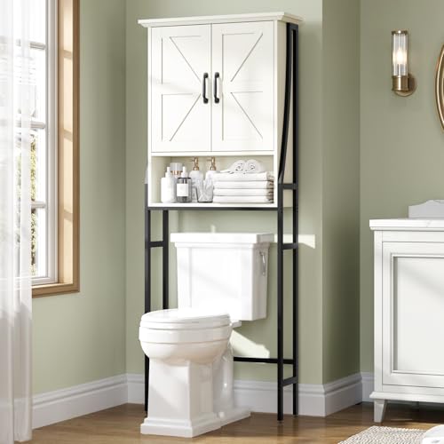 Over The Toilet Storage Cabinet, Over Toilet Bathroom Organizer, Above Toilet Storage Cabinet with Barn Doors Behind Toilet Bathroom Organizer (Cream White) - color: Cream White