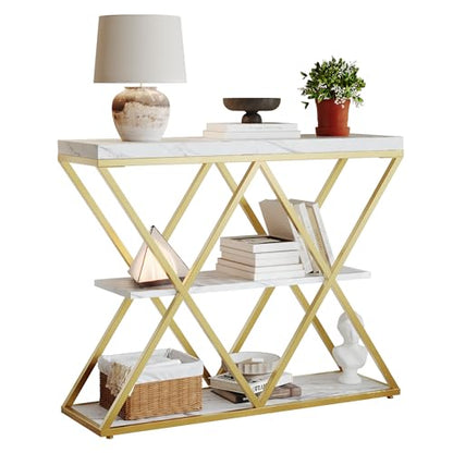 Garvee 3 Tier Console Table,39" Industrial Entryway Table,Open Wood Shelves | Sofa Table,Narrow Wood Accent Tables with Metal Frame for Hallway,Living Room,Behind Couch,Foyer,Entrance,White - color: White + X-shaped