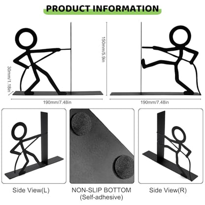 Metal Bookends People Book-end, Decorative Cute Book Ends for Shelves in Home Office Desk, Bookshelf Decor & Gift, Stable Storage (Tug War Black)