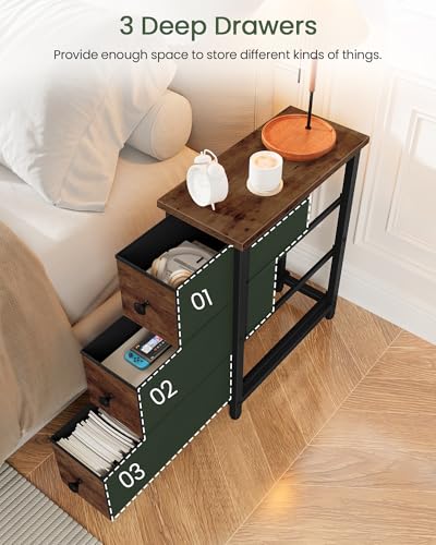 CHOEZON Narrow Side Table with 3 Fabric Drawers, Industrial Slim Bedside Table for Small Spaces, Bedroom, Living Room, Dormitory, Rustic Brown and Black TBZ09BF - color: Rustic Brown + Black