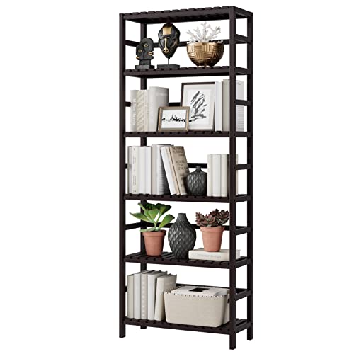 Bamjoy Bamboo Shelf, 6 Tier Bookcase Storage Shelves, Tall Book Rack Shelving Unit, Multipurpose Storage Display Shelf Adjustable Storage Rack for Bathroom Home Office Living Room Kitchen, Dark Brown - color: Dark Brown